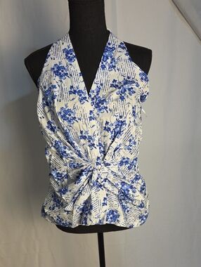 Kaari Blue - Blue Floral Halter Tie-Front Women's Top - NWT